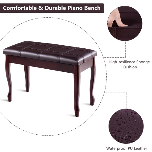 Costway Solid Wood PU Leather Piano Bench Padded Double Duet Keyboard Seat Storage Brown