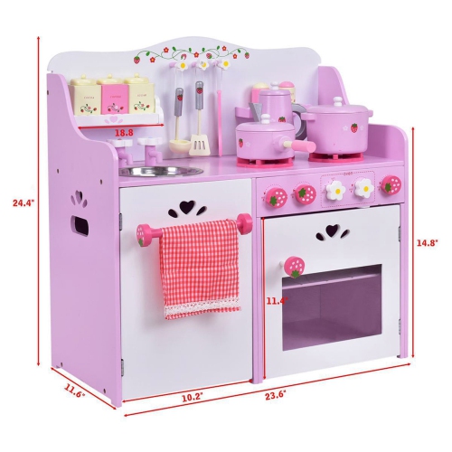 Costway Kids Wooden Play Set Kitchen Toy Strawberry Pretend Cooking Playset Toddler