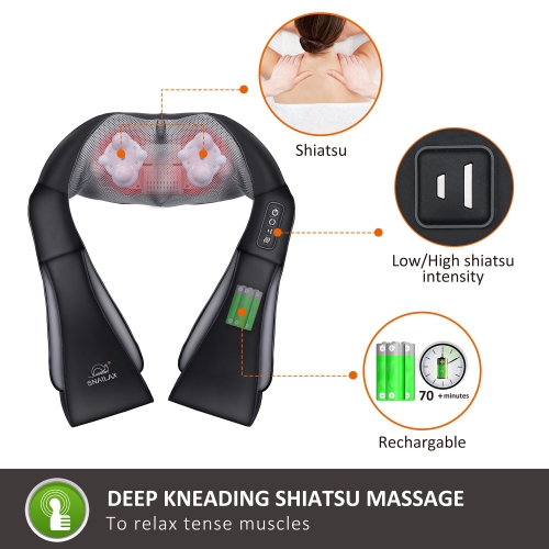 Snailax Cordless Neck Back Massager - Shiatsu Neck and Shoulder Massager with Heat, Portable Massagers for Neck and Back, Lumbar, Foot Electric