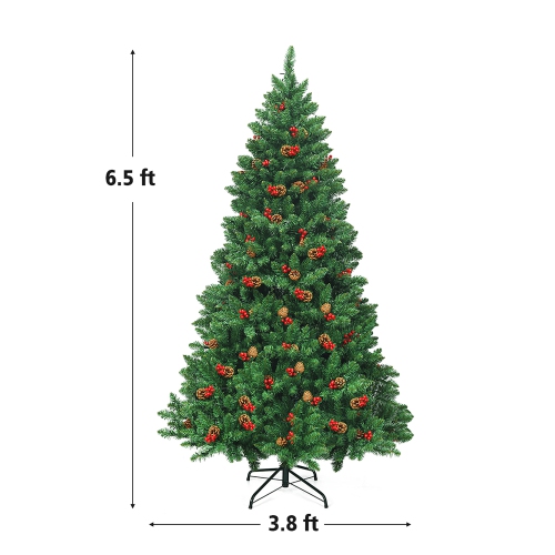 Costway 6.5Ft Pre-lit Hinged Christmas Tree w/ Pine Cones Red Berries and 450 LED Lights