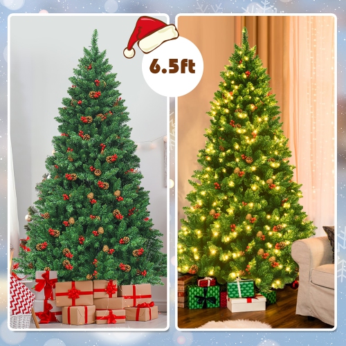 Costway 6.5Ft Pre-lit Hinged Christmas Tree w/ Pine Cones Red Berries and 450 LED Lights