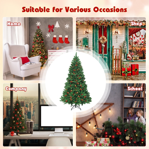 Costway 6.5Ft Pre-lit Hinged Christmas Tree w/ Pine Cones Red Berries and 450 LED Lights
