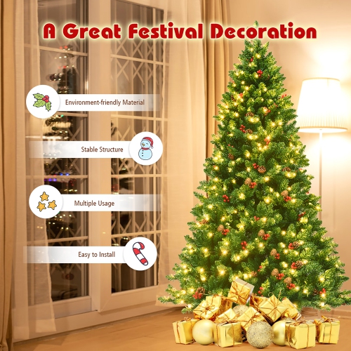 Costway 6.5Ft Pre-lit Hinged Christmas Tree w/ Pine Cones Red Berries and 450 LED Lights