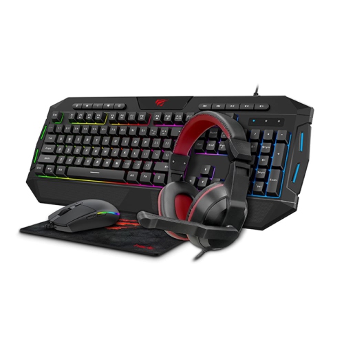 Havit 4-in-1 RGB lighting Mouse , LED Backlit 114-key Multimedia gaming keyboard, 3.5mm Headset, Fine mesh cloth Mouse Pad combo Set