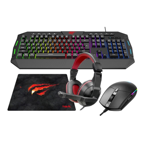 Havit 4-in-1 RGB lighting Mouse , LED Backlit 114-key Multimedia gaming keyboard, 3.5mm Headset, Fine mesh cloth Mouse Pad combo Set