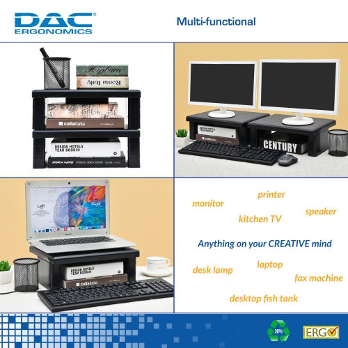 DAC Stax MP-107 Ergonomic Height-Adjustable Monitor Riser/Laptop Stand, Black, 2 Pack