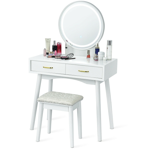 GYMAX  Vanity Dressing Table Set Touch Screen 3 Lighting Modes Mirror Padded Stool