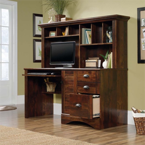 Sauder Harbor View Traditional Wood Computer Desk with Hutch in Curado Cherry