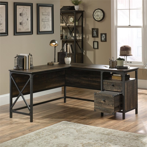 PEMBERLY ROW  L Shape Corner Desk In Rustic Carbon Oak And In Black