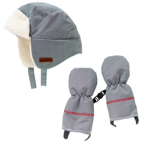 Juddlies Herringbone Cotton Winter Hat & Mitten Set - 6 to 12 Months - Grey