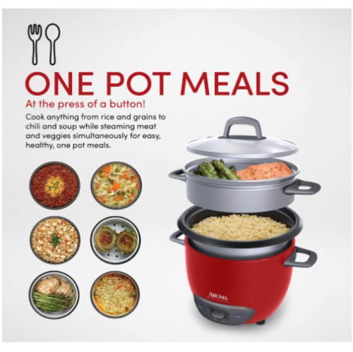 Aroma Arc-743-1Ngr 3-Cup, Uncooked 6-Cup, Cooked Rice Cooker and Food Steamer, Red
