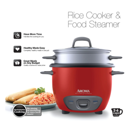 Aroma Arc-743-1Ngr 3-Cup, Uncooked 6-Cup, Cooked Rice Cooker and Food Steamer, Red