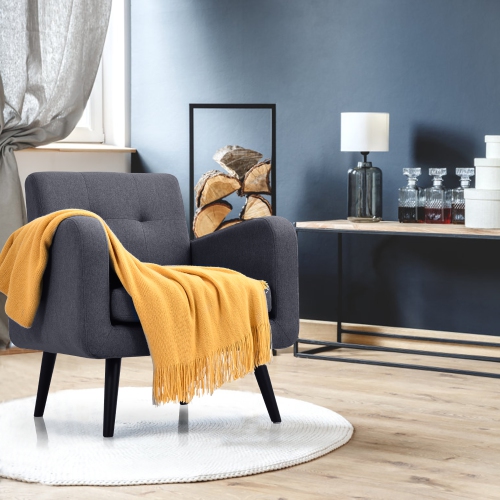 Costway Mid Century Accent Chair Fabric Arm Chair Single Sofa w/Rubber Wood Legs