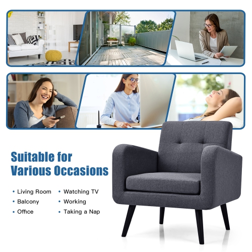 Costway Mid Century Accent Chair Fabric Arm Chair Single Sofa w/Rubber Wood Legs