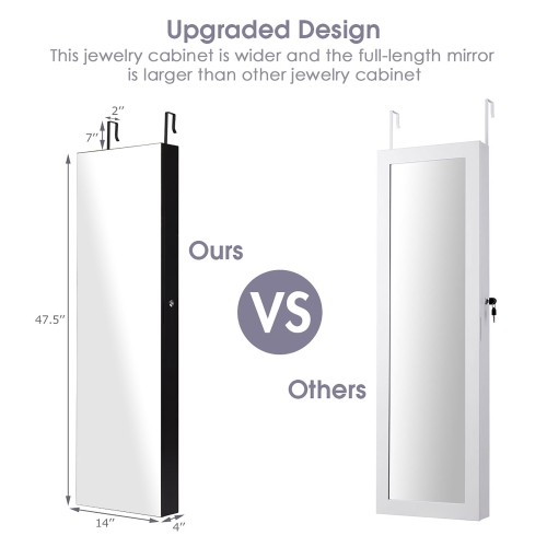 Costway Mirrored Wall Jewelry Cabinet W/ Lights&Drawer