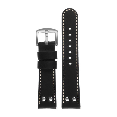 DASSARI  Leather Pilot Watch Band Strap W/ Rivets Fitbit Charge 4 & Charge 3 - & Ivory (Silver Buckle) In Black