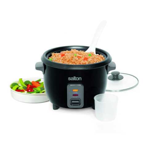 Salton 6 Cup Automatic Rice Cooker with Bonus Food Steaming Basket, Measuring Cup & Spatula, Removable Non-Stick Cooking Bowl for Quinoa, Oatmeal and