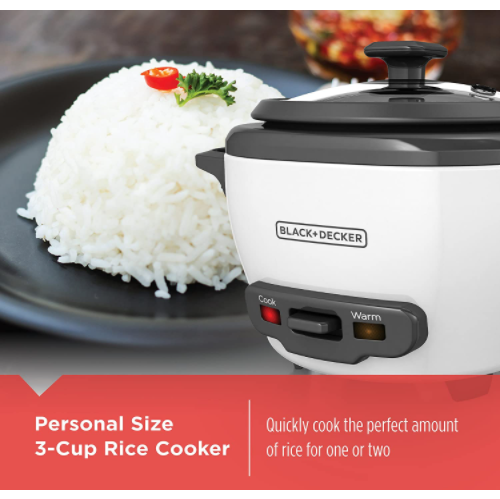 Black+Decker Personal Size Rice Cooker, 3 Cup, White, RC503C