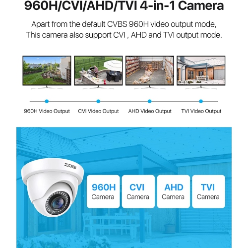 ZOSSI – caméra de surveillance résidentielle hybride supplémentaire avec fil 4-en-1 à dôme pour enregistreur HD-TVI/AHD/CVI/CVBS/1080p 960H avec