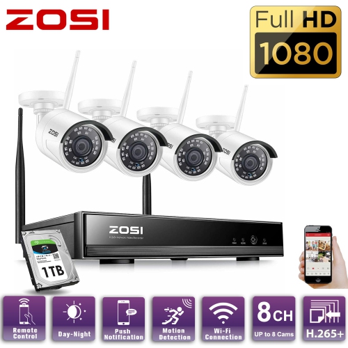 ZOSI H.265+ 8CH 1080P Wireless Security Cameras System with Hard Drive 1TB,8 Channel 1080P CCTV NVR and 4pcs 2.0MP Indoor Outdoor WiFi Surveillance C