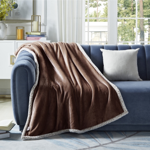 COZY TYME  Edith Flannel Reversible Sherpa Throw Super Soft 50"x 60", Brown