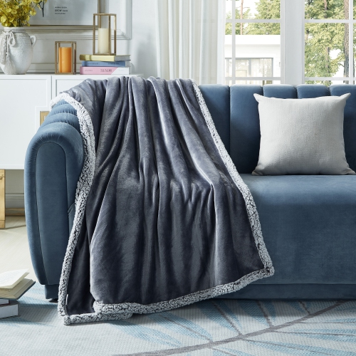 COZY TYME  Edith Flannel Reversible Sherpa Throw Super Soft 50"x 60", Dark Grey