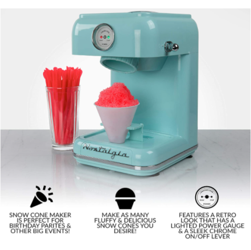 Nostalgia CLSC1AQ Classic Retro Single Countertop Snow Cone Maker, Includes 1 Reusable Plastic Cup, Stainless Steel Blades – Aqua