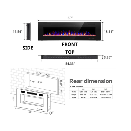 R.W.FLAME 60 inch Recessed and Wall Mounted Electric Fireplace, Ultra Thin and Low Noise,Fit for 2 x 6 Stud, Remote Control with Timer,Touch