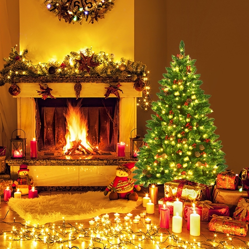 Costway 4.5Ft Pre-lit Hinged Christmas Tree w/ Pine Cones Red Berries and 300 LED Lights