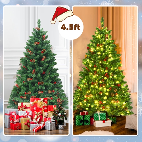 Costway 4.5Ft Pre-lit Hinged Christmas Tree w/ Pine Cones Red Berries and 300 LED Lights