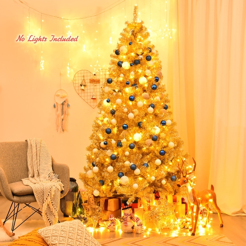 Costway 7.5ft Artificial Tinsel Christmas Tree w/1258 Tips Foldable Stand Champagne Gold