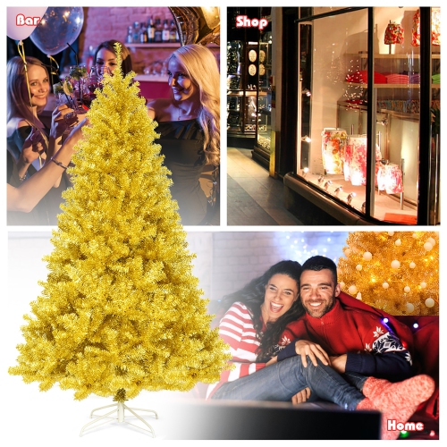 Costway 7.5ft Artificial Tinsel Christmas Tree w/1258 Tips Foldable Stand Champagne Gold