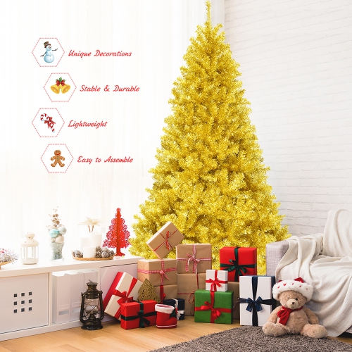 Costway 7.5ft Artificial Tinsel Christmas Tree w/1258 Tips Foldable Stand Champagne Gold