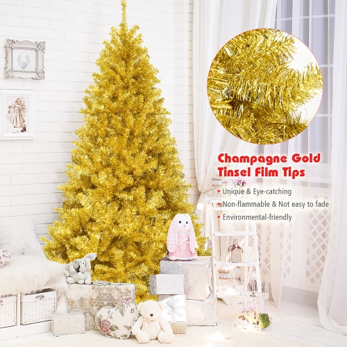 Costway 7.5ft Artificial Tinsel Christmas Tree w/1258 Tips Foldable Stand Champagne Gold
