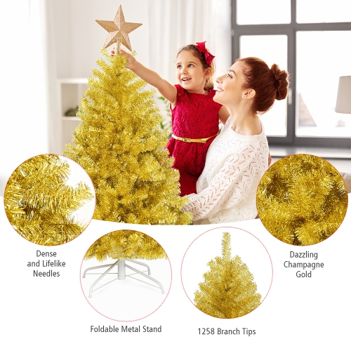 Costway 7.5ft Artificial Tinsel Christmas Tree w/1258 Tips Foldable Stand Champagne Gold
