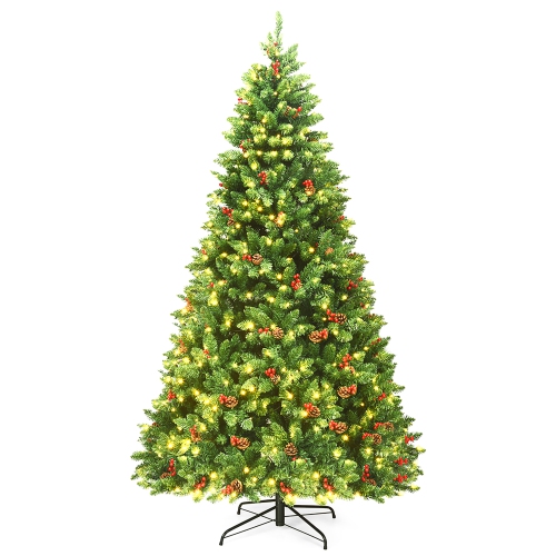 Costway 7.5Ft Pre-lit Hinged Christmas Tree w/ Pine Cones Red Berries and 550 LED Lights
