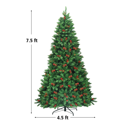 Costway 7.5Ft Pre-lit Hinged Christmas Tree w/ Pine Cones Red Berries and 550 LED Lights
