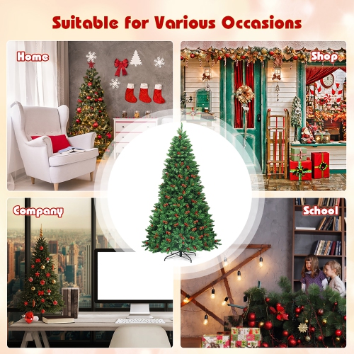 Costway 7.5Ft Pre-lit Hinged Christmas Tree w/ Pine Cones Red Berries and 550 LED Lights