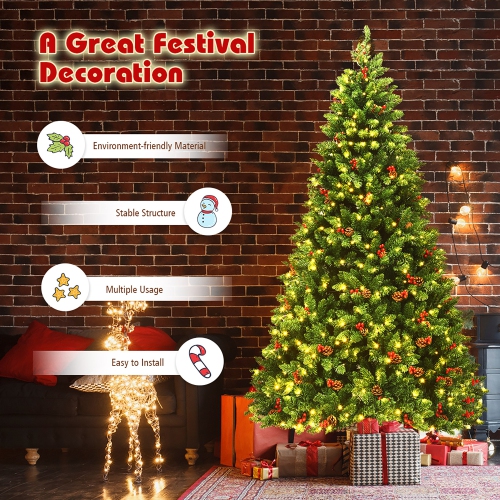 Costway 7.5Ft Pre-lit Hinged Christmas Tree w/ Pine Cones Red Berries and 550 LED Lights