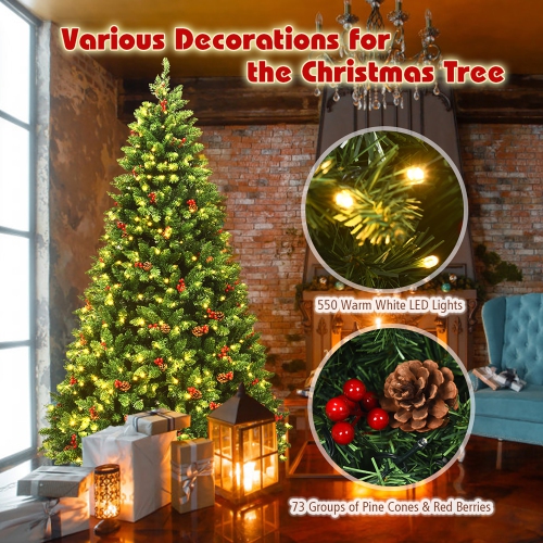 Costway 7.5Ft Pre-lit Hinged Christmas Tree w/ Pine Cones Red Berries and 550 LED Lights