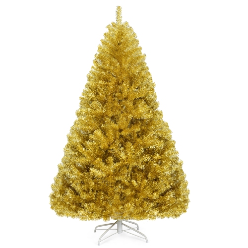 Costway 6ft Artificial Tinsel Christmas Tree Hinged w/1036 Tips Foldable Stand Champagne