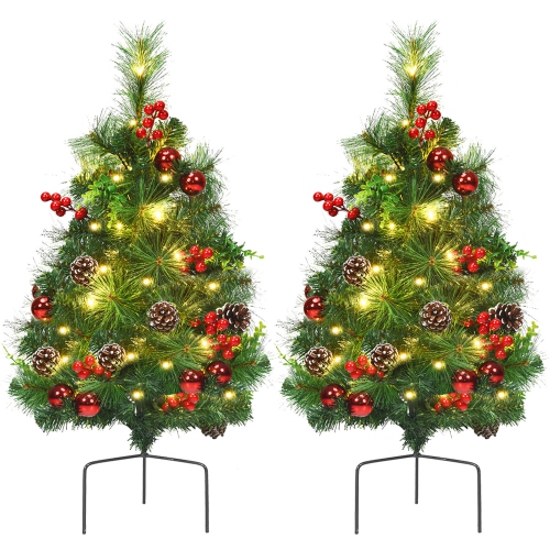 COSTWAY  Set Of 2 24In Battery Powered Pre-Lit Pathway Christmas Trees Outdoor Decoration