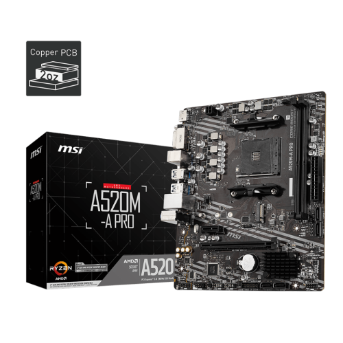 MSI A520M-A PRO Gaming Motherboard (AMD, AM4, DDR4, M.2, USB 3.2 Gen 1,  HDMI, MATX)