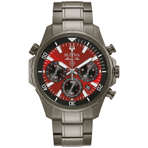 Image 1 of 8.. Bulova Mens Marine Star Quartz Watch 43mm Gray Stainless Steel Case and Bracelet with Red Dial