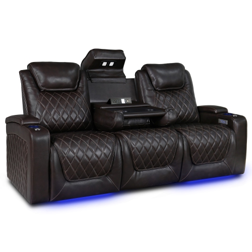 Valencia Oslo Premium Top Grain Leather Power Recliner, Power Headrest LED Lighting Home Theatre Seating with console 3-seats - Dark Chocoloate