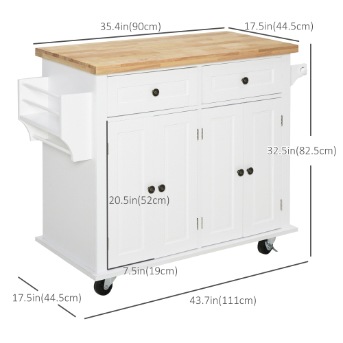 HOMCOM Kitchen Island Cart with Rubber Wood Top, Rolling Kitchen Island Table on Wheels with Drawers, Adjustable Shelves, Spice Rack and Towel Rack