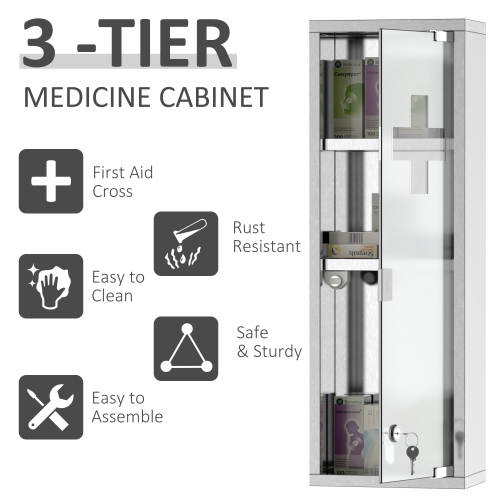 kleankin Wall Mount Medicine Cabinet, Bathroom Cabinet with 3 Tier Shelves, Stainless Steel Frame and Glass Door, Lockable with 2 Keys, Silver, 8" x
