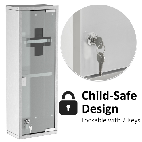 kleankin Wall Mount Medicine Cabinet, Bathroom Cabinet with 3 Tier Shelves, Stainless Steel Frame and Glass Door, Lockable with 2 Keys, Silver, 8" x