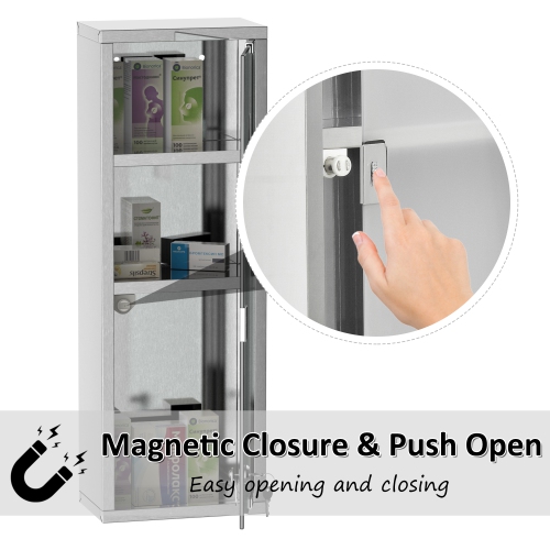 kleankin Wall Mount Medicine Cabinet, Bathroom Cabinet with 3 Tier Shelves, Stainless Steel Frame and Glass Door, Lockable with 2 Keys, Silver, 8" x