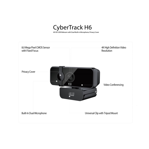 Adesso CyberTrack H6 4K Ultra HD USB 2.0 Webcam with Built-in Dual Microphone & Privacy Shutter Cover - 8 Megapixel - 30 fps - Black